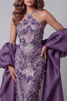 Load image into Gallery viewer, Sparkly Halter Purple Mermaid Long Floral Beaded Evening Dress with Cape