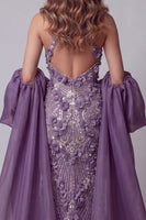 Load image into Gallery viewer, Sparkly Halter Purple Mermaid Long Floral Beaded Evening Dress with Cape