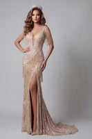 Load image into Gallery viewer, Sparkly Mermaid Champagne Long V-Neck Beaded Evening Dress with Fringes