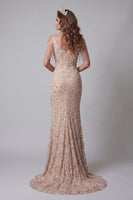 Load image into Gallery viewer, Sparkly Mermaid Champagne Long V-Neck Beaded Evening Dress with Fringes