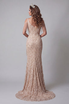 Sparkly Mermaid Champagne Long V-Neck Beaded Evening Dress with Fringes