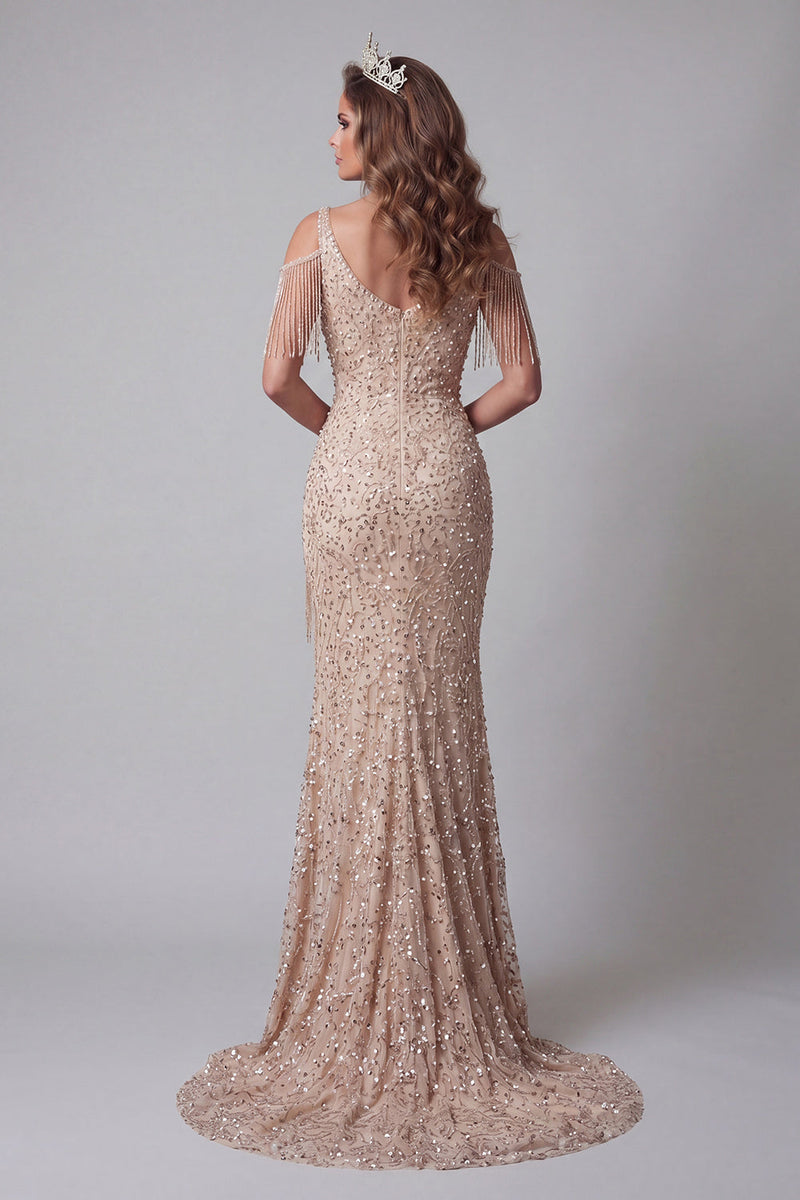 Load image into Gallery viewer, Sparkly Mermaid Champagne Long V-Neck Beaded Evening Dress with Fringes