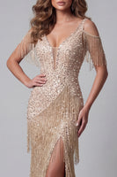 Load image into Gallery viewer, Sparkly Mermaid Champagne Long V-Neck Beaded Evening Dress with Fringes