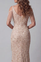 Load image into Gallery viewer, Sparkly Mermaid Champagne Long V-Neck Beaded Evening Dress with Fringes