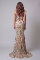 Load image into Gallery viewer, Champagne V-Neck Sparkly Mermaid Beaded Feathered Long Evening Dress with Slit
