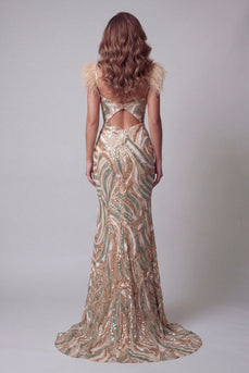 Champagne V-Neck Sparkly Mermaid Beaded Feathered Long Evening Dress with Slit