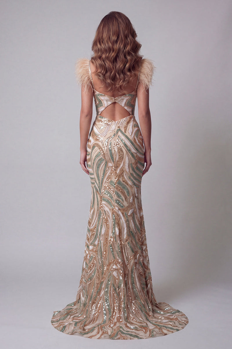 Load image into Gallery viewer, Champagne V-Neck Sparkly Mermaid Beaded Feathered Long Evening Dress with Slit