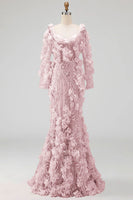 Load image into Gallery viewer, Long Sleeves Mermaid Sparkly Blush Long Beaded Floral Evening Dress