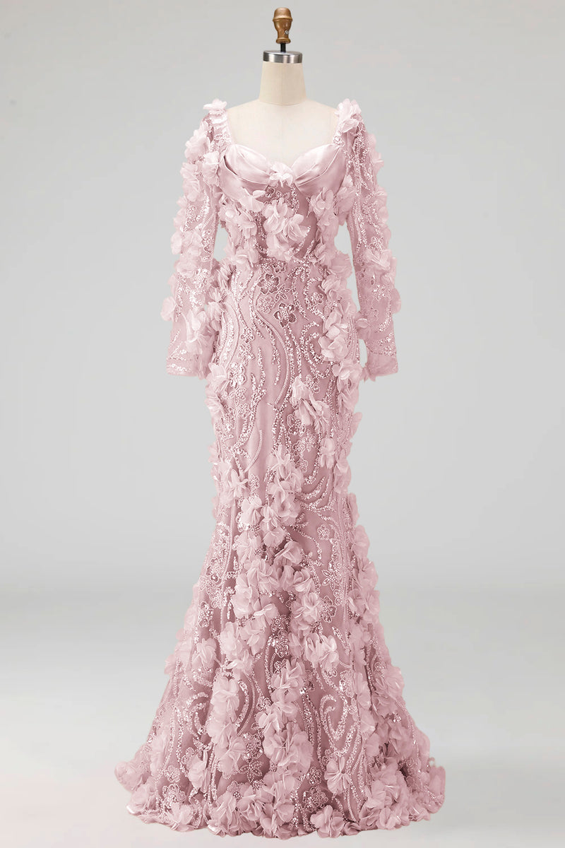 Load image into Gallery viewer, Long Sleeves Mermaid Sparkly Blush Long Beaded Floral Evening Dress