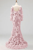 Load image into Gallery viewer, Long Sleeves Mermaid Sparkly Blush Long Beaded Floral Evening Dress