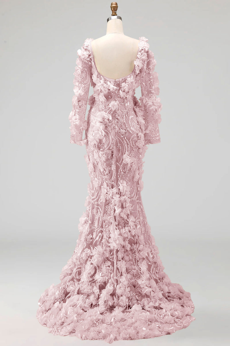 Load image into Gallery viewer, Long Sleeves Mermaid Sparkly Blush Long Beaded Floral Evening Dress