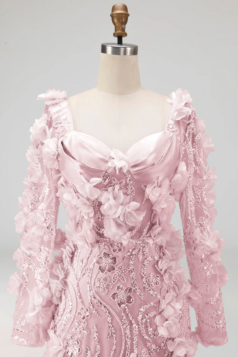Load image into Gallery viewer, Long Sleeves Mermaid Sparkly Blush Long Beaded Floral Evening Dress