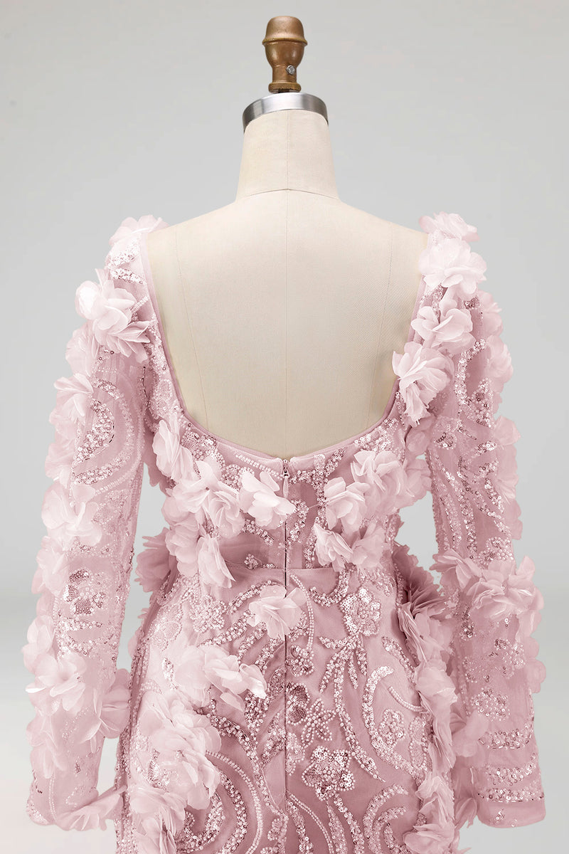 Load image into Gallery viewer, Long Sleeves Mermaid Sparkly Blush Long Beaded Floral Evening Dress