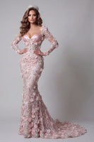 Load image into Gallery viewer, Long Sleeves Mermaid Sparkly Blush Long Beaded Floral Evening Dress