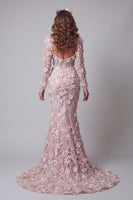 Load image into Gallery viewer, Long Sleeves Mermaid Sparkly Blush Long Beaded Floral Evening Dress