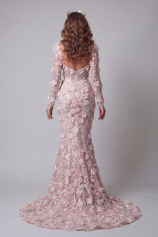 Long Sleeves Mermaid Sparkly Blush Long Beaded Floral Evening Dress