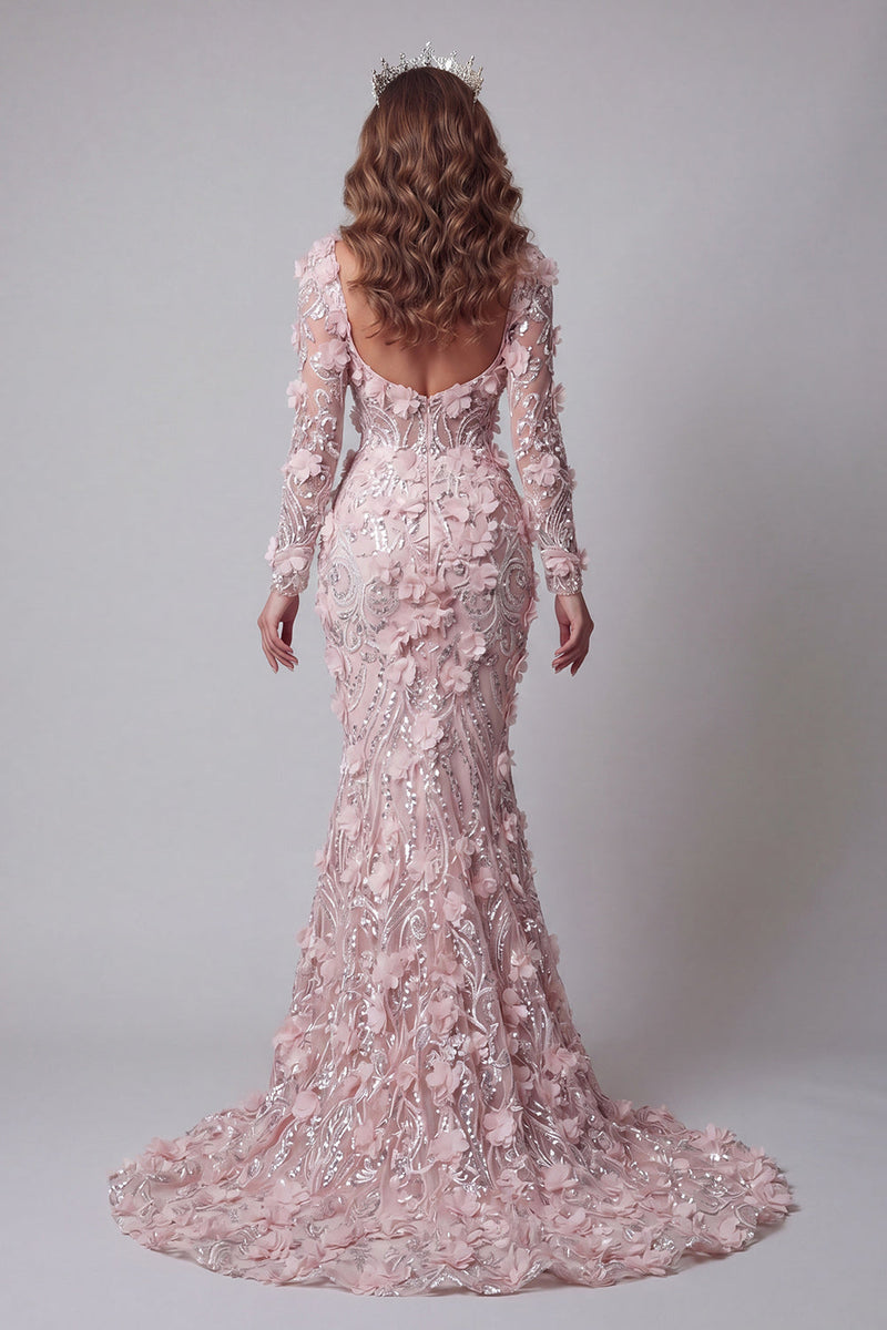 Load image into Gallery viewer, Long Sleeves Mermaid Sparkly Blush Long Beaded Floral Evening Dress
