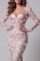Load image into Gallery viewer, Long Sleeves Mermaid Sparkly Blush Long Beaded Floral Evening Dress