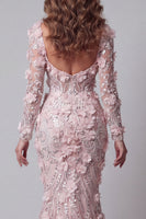 Load image into Gallery viewer, Long Sleeves Mermaid Sparkly Blush Long Beaded Floral Evening Dress