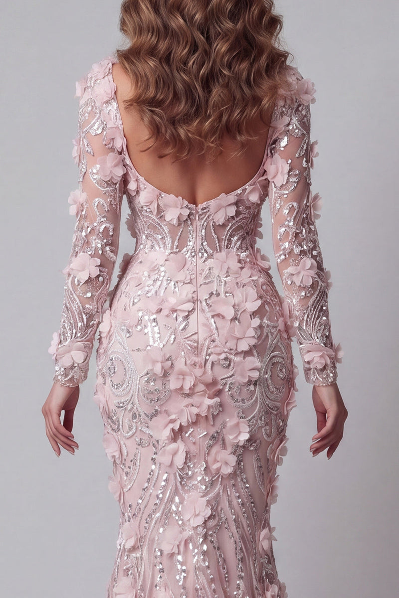 Load image into Gallery viewer, Long Sleeves Mermaid Sparkly Blush Long Beaded Floral Evening Dress