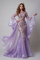 Load image into Gallery viewer, Sparkly Flare Sleeves Lavender Mermaid Beaded Long Evening Dress