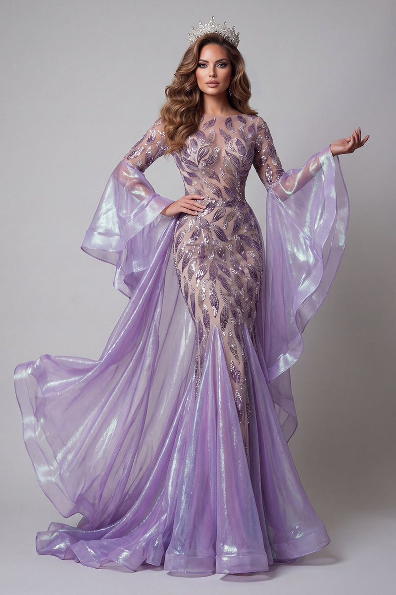 Load image into Gallery viewer, Sparkly Flare Sleeves Lavender Mermaid Beaded Long Evening Dress