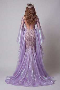 Sparkly Flare Sleeves Lavender Mermaid Beaded Long Evening Dress