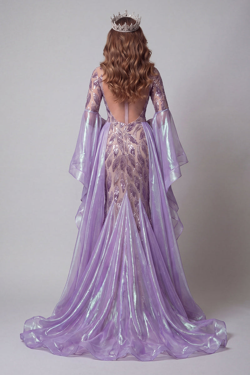 Load image into Gallery viewer, Sparkly Flare Sleeves Lavender Mermaid Beaded Long Evening Dress