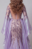 Load image into Gallery viewer, Sparkly Flare Sleeves Lavender Mermaid Beaded Long Evening Dress