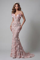 Load image into Gallery viewer, Cold Shoulder Mermaid Sparkly Blush Long Beaded Floral Evening Dress
