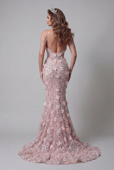 Cold Shoulder Mermaid Sparkly Blush Long Beaded Floral Evening Dress