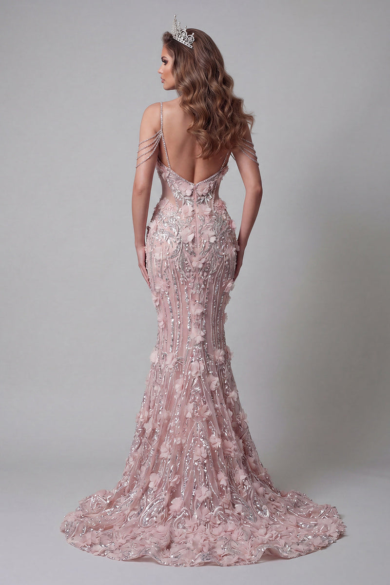 Load image into Gallery viewer, Cold Shoulder Mermaid Sparkly Blush Long Beaded Floral Evening Dress