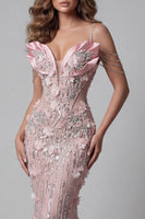 Load image into Gallery viewer, Cold Shoulder Mermaid Sparkly Blush Long Beaded Floral Evening Dress