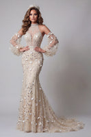 Load image into Gallery viewer, Long Sleeves High Neck Sparkly Mermaid Apricot Long Beaded Floral Evening Dress
