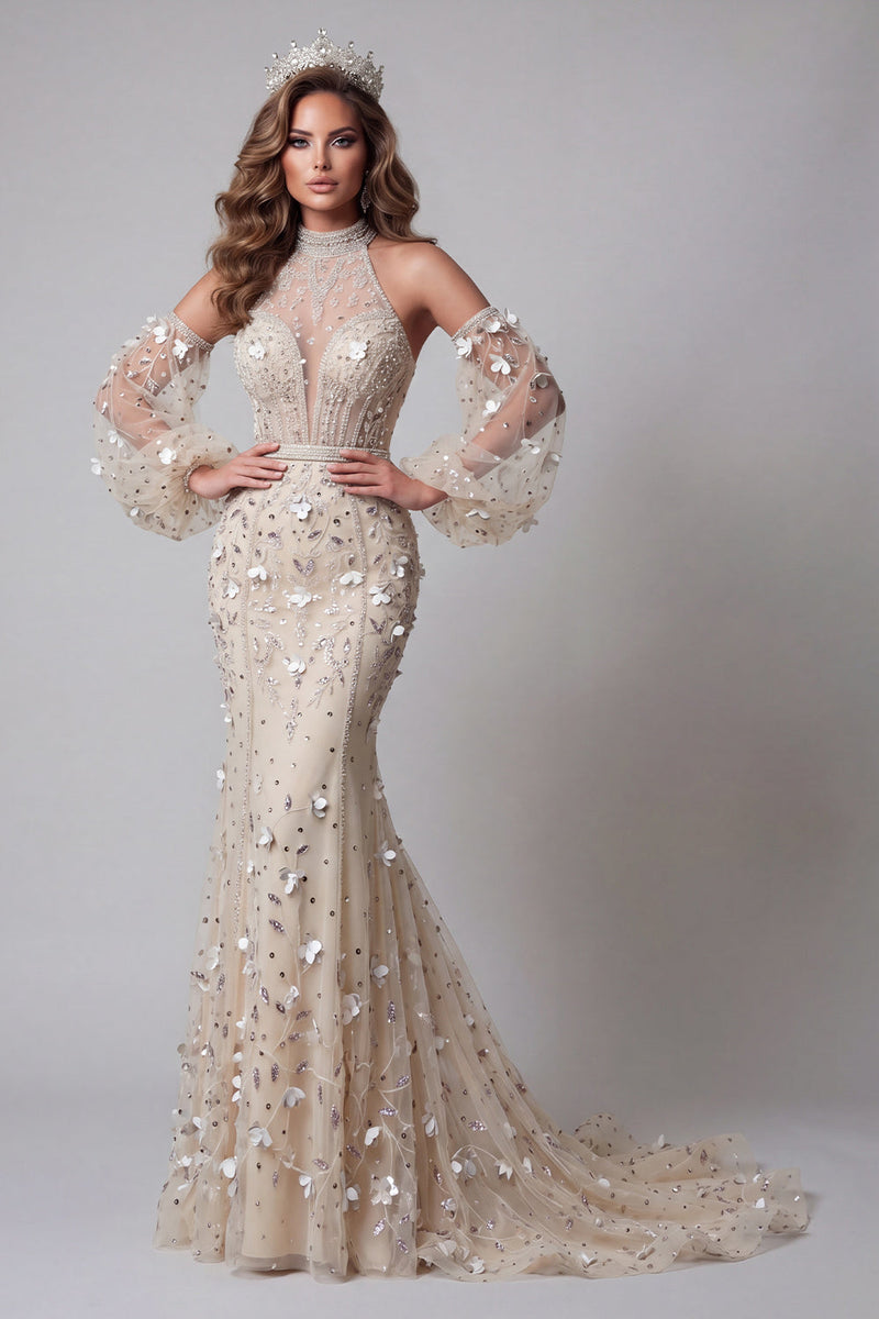 Load image into Gallery viewer, Long Sleeves High Neck Sparkly Mermaid Apricot Long Beaded Floral Evening Dress