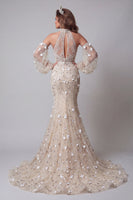 Load image into Gallery viewer, Long Sleeves High Neck Sparkly Mermaid Apricot Long Beaded Floral Evening Dress