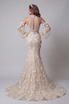 Long Sleeves High Neck Sparkly Mermaid Apricot Long Beaded Floral Evening Dress