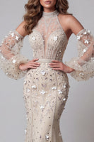 Load image into Gallery viewer, Long Sleeves High Neck Sparkly Mermaid Apricot Long Beaded Floral Evening Dress