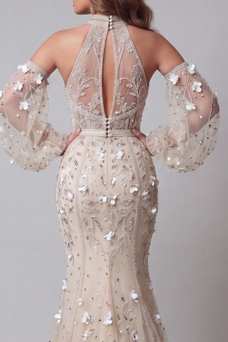 Load image into Gallery viewer, Long Sleeves High Neck Sparkly Mermaid Apricot Long Beaded Floral Evening Dress