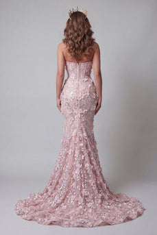 Sparkly Blush Corset Mermaid Long Floral Beaded Evening Dress