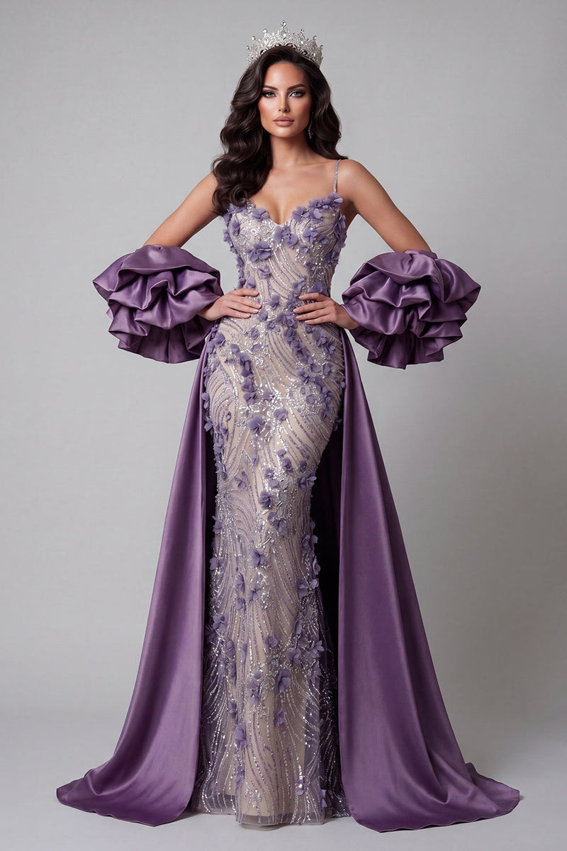 Load image into Gallery viewer, Spaghetti Straps Mermaid Sparkly Purple Long Floral Beaded Evening Dress