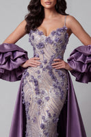 Load image into Gallery viewer, Spaghetti Straps Mermaid Sparkly Purple Long Floral Beaded Evening Dress