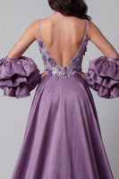 Load image into Gallery viewer, Spaghetti Straps Mermaid Sparkly Purple Long Floral Beaded Evening Dress