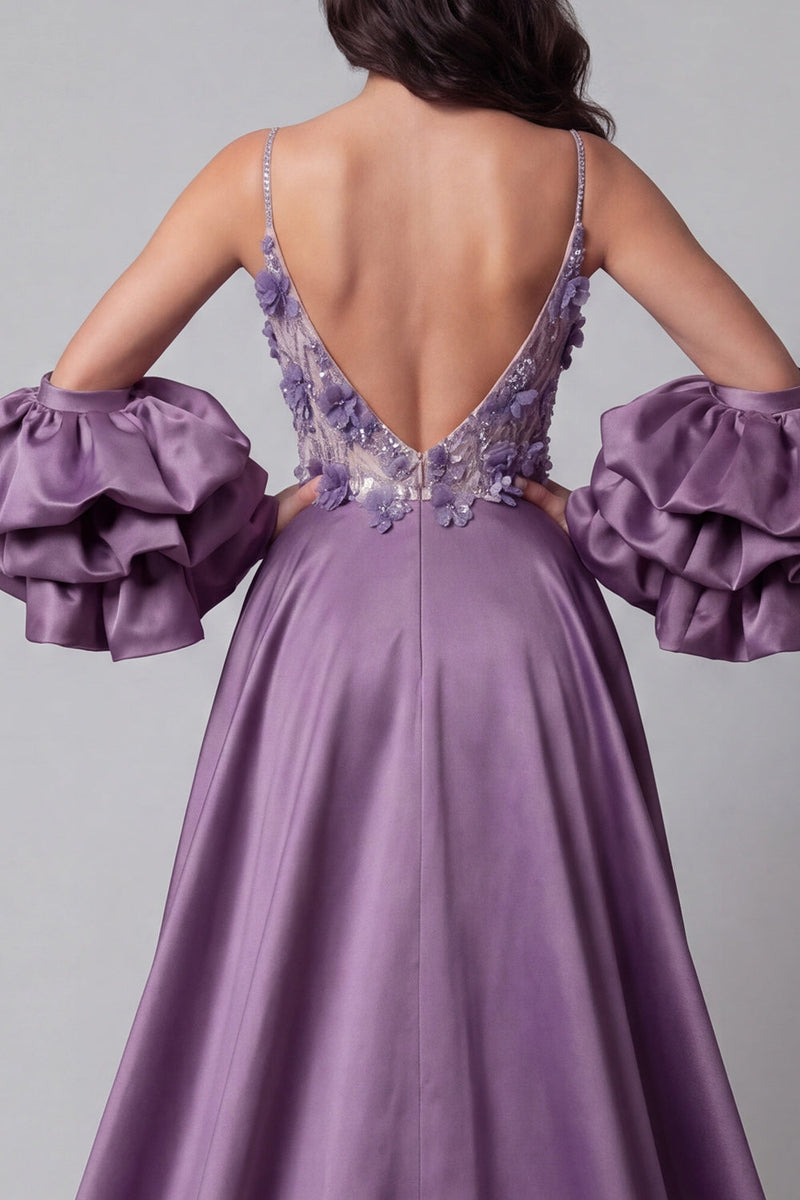 Load image into Gallery viewer, Spaghetti Straps Mermaid Sparkly Purple Long Floral Beaded Evening Dress