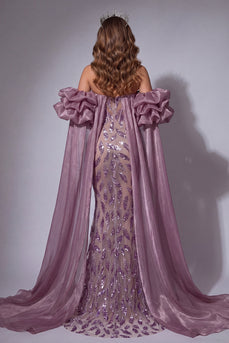 Corset Sparkly Mermaid Vintage Mauve Long Beaded Ruffled Evening Dress with Cape