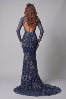 Sparkly Navy Mermaid High Neck Open Back Long Beaded Evening Dress