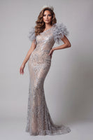 Load image into Gallery viewer, Sparkly Silver Long One Shoulder Mermaid Beaded Evening Dress with 3D Flowers