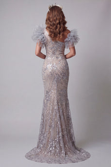 Sparkly Silver Long One Shoulder Mermaid Beaded Evening Dress with 3D Flowers