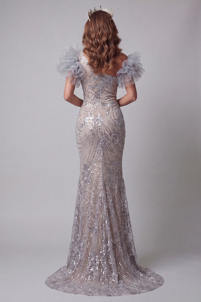 Load image into Gallery viewer, Sparkly Silver Long One Shoulder Mermaid Beaded Evening Dress with 3D Flowers