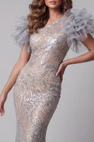 Load image into Gallery viewer, Sparkly Silver Long One Shoulder Mermaid Beaded Evening Dress with 3D Flowers